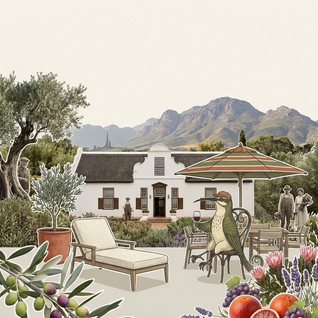 Groen outdoor living scene with a Cape Dutch homestead, mountains, a sun lounger, a striped umbrella and Pikkie with a glass of red wine.