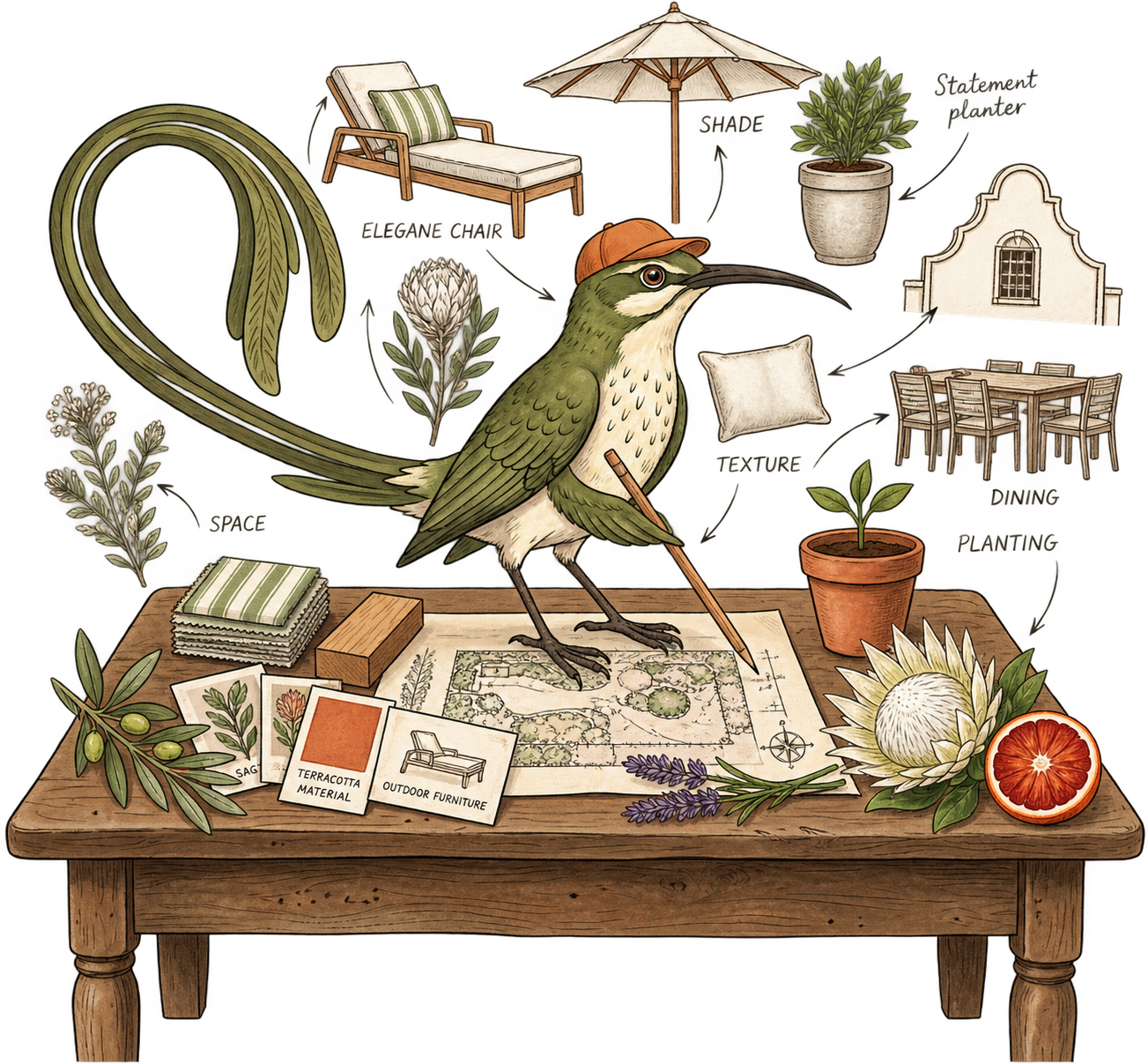 Illustration of Pikkie the Groen sugarbird at a wooden table planning an outdoor space, surrounded by sketches of furniture, shade, textiles, planters and dining.